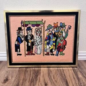 Jovan Obican Style Vintage Needlepoint Jewish Wedding Scene Framed 18" X 23"